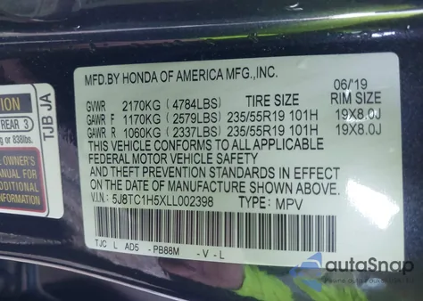 2020 Acura Rdx Technology Package from USA, damaged, VIN 5J8TC1H5XLL002398